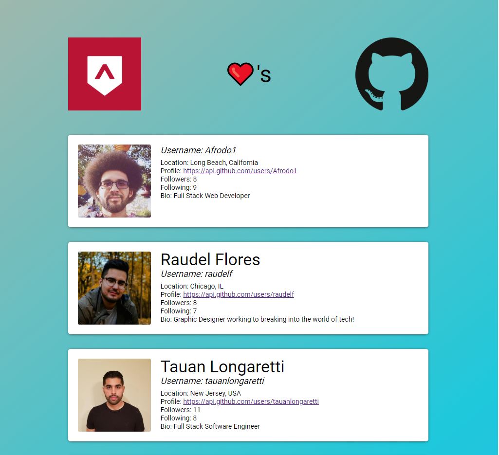 A photo of a series of cards listing my followers on Github and myself